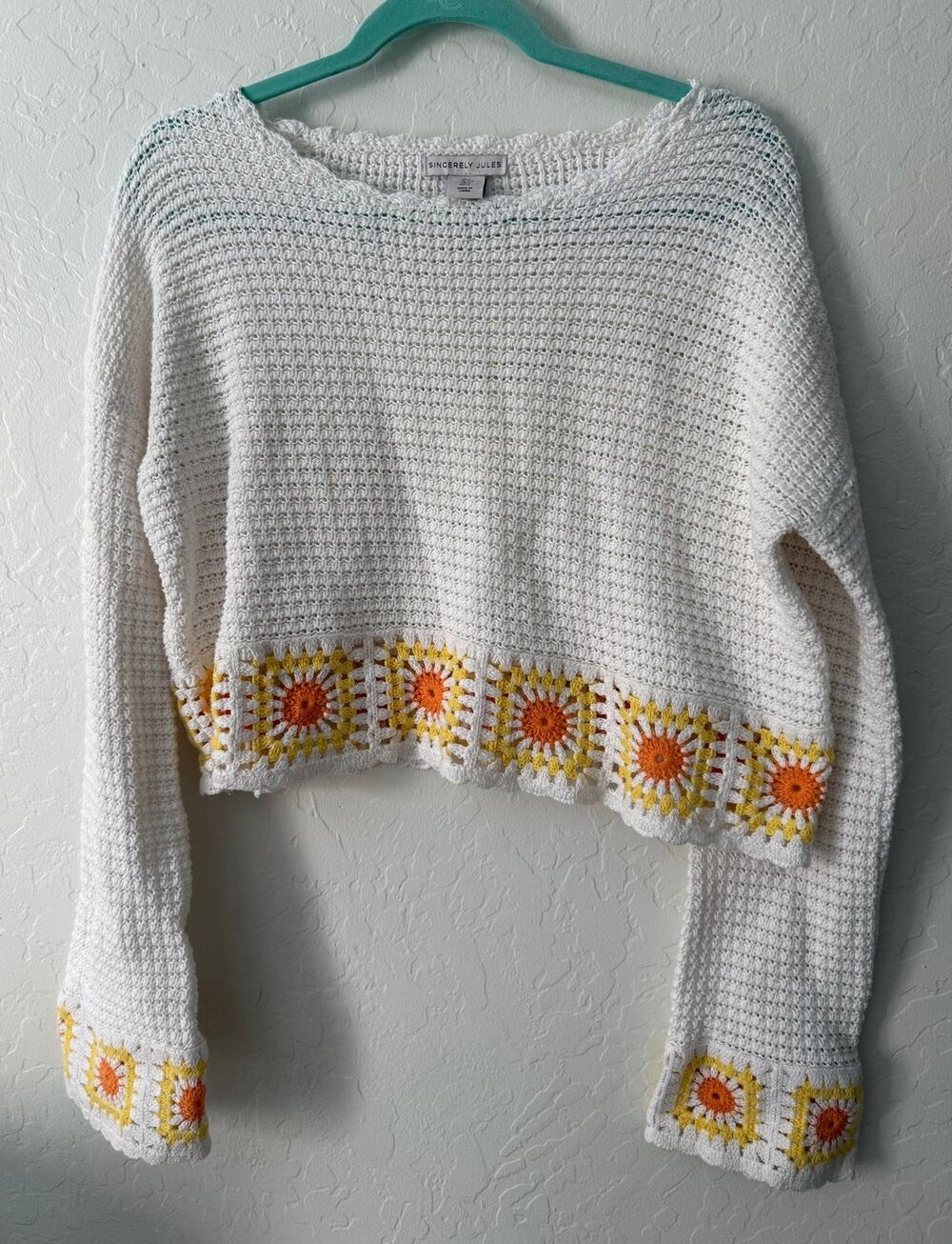 Sincerely Jules White Crochet Sweater with Sunflower Grandma Squares Size Large